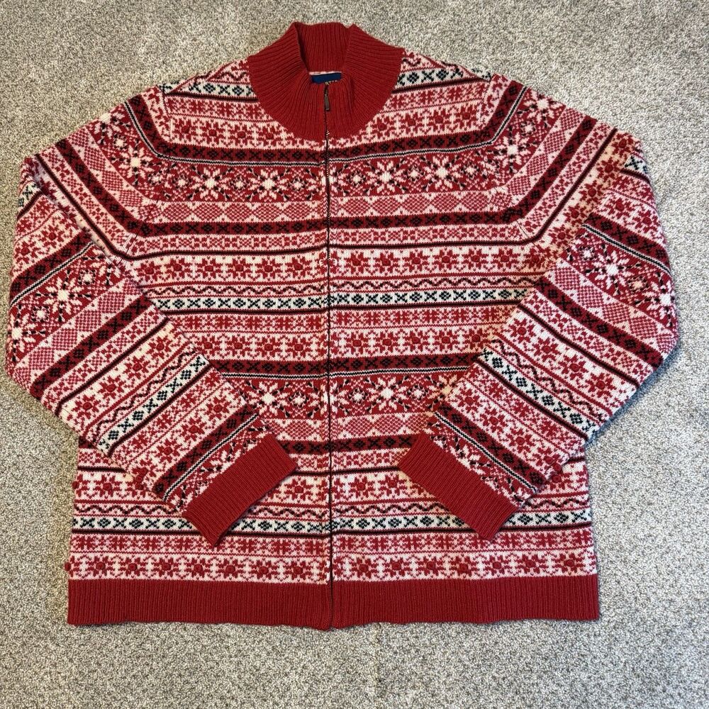 Red Fair Isle Nordic Zip Up Sweater Mock Neck Cabin Cozy Core Après Ski Scandi